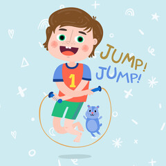 Happy Little Boy Working Out Jumping the Jump Rope with Cute Teddy Bear Friend. Play With Me Children Collection, Funny Kids Activities, Colorful Cartoon Illustrations.