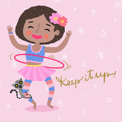 Laughing Cute Girl Playing Circling Hula Hoop Little Lemur Mascot Friend Clinging Leg. Play With Me Children Collection, Funny Kids Activities, Colorful Cartoon Illustrations.