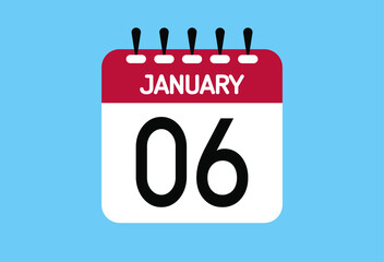 January day 6. Calendar design template 6 january in background blue.