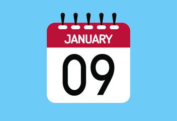 January day 9. Calendar design template 9 january in background blue.