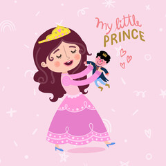 Little Girl in a Costume with a Pink Dress and Golden Princess Crown Holds a Doll Little Prince in Her Arms Play With Me Cute Children Collection, Funny Kids Activities, Colorful Cartoon Vector.