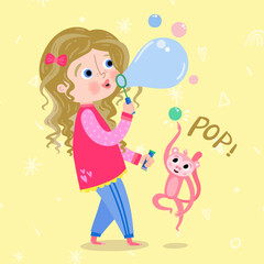 Cute Little Girl Blowing Soap Bubbles Soap in the Air with Little Stuffed Monkey Busting
. Play With Me Children Collection, Funny Kids Activities, Colorful Cartoon Illustrations.