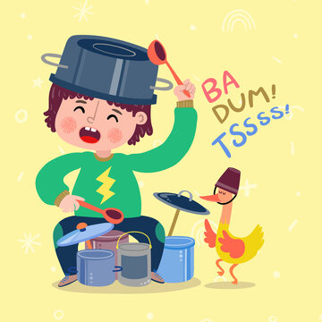Rockstar Drummer Musician Song Boy Playing Sound Drums with Jars Pots Ladle with his Duck Friend. Play With Me Children Collection, Funny Kids Activities, Colorful Cartoon Illustrations.
