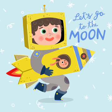 Little Boy in a Recycled Cardboard Space Rocket Like an Astronaut with Puppy Going to Moon. Play With Me Cute Children Collection, Funny Kids Activities, Colorful Cartoon Vector Illustrations.