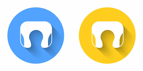 White Travel neck pillow icon isolated with long shadow background. Pillow U-shaped. Circle button. Vector