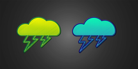 Green and blue Storm icon isolated on black background. Cloud and lightning sign. Weather icon of storm. Vector