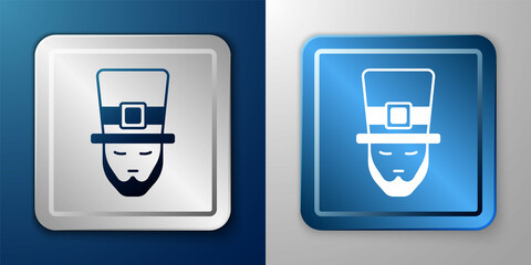 White Leprechaun icon isolated on blue and grey background. Happy Saint Patricks day. National Irish holiday. Silver and blue square button. Vector