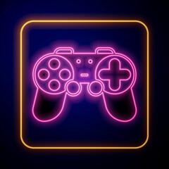 Glowing neon Gamepad icon isolated on black background. Game controller. Vector