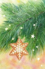Hand drawn illustration of ginger cookie with stars on the Christmas tree