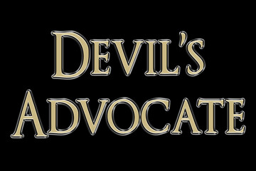 Devil's Advocate sign with gold text on a black background