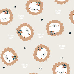 Cute pastel seamless pattern with lions. Kids print. Vector hand drawn illustration.