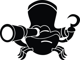 Black and White Cartoon Illustration Vector of a Cartoon Pirate Crab with Telescope and Hook Claw