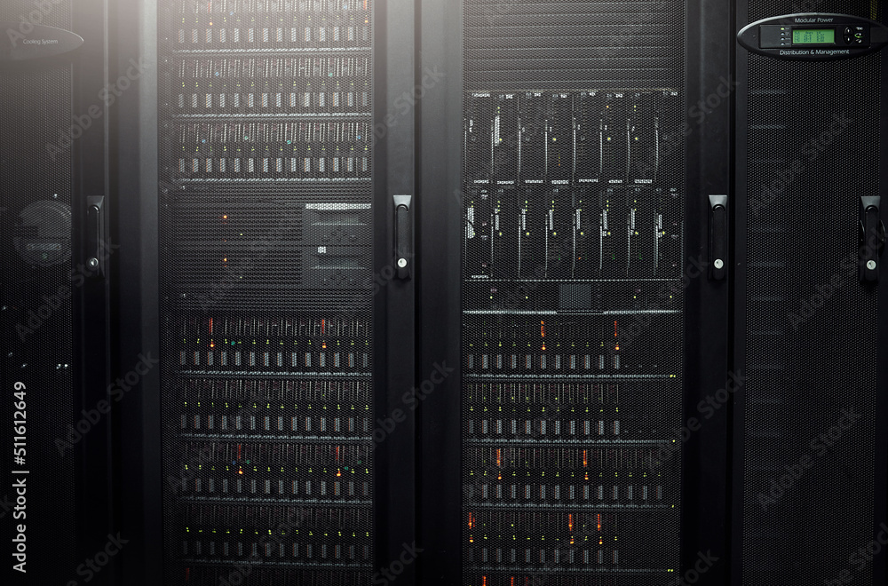 Poster neat and organized for an efficient computer network. cropped shot of industrial computers in the se