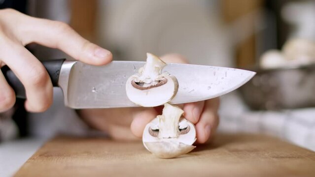 Cooking buckwheat pasta with mushrooms. Vegan recipe. Slow motion.
