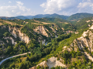 Aerial sunset view of Rozhen sand pyramids, Bulgaria