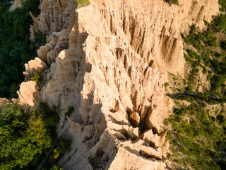 Aerial sunset view of Rozhen sand pyramids, Bulgaria
