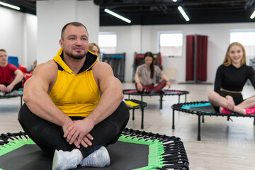 Sits active trampoline group fitness center friends youth athlete young, concept training female from workout from gym happiness, sportswoman sporty. Instructor club room,