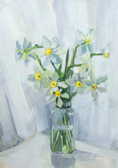 Daffodils gouache painting. Delicate spring flowers on a white airy background. The author's original work. Beautiful illustration of spring flowers. Layout for the design of postcards, posters