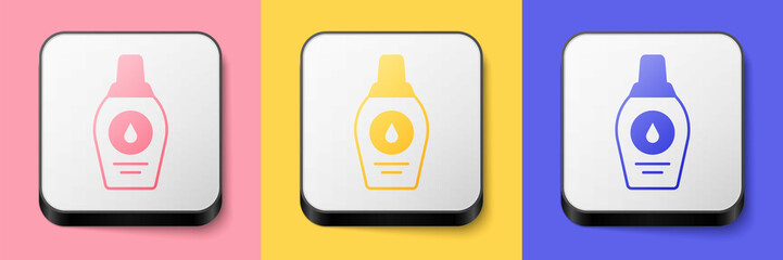 Isometric Bottle of shampoo icon isolated on pink, yellow and blue background. Square button. Vector
