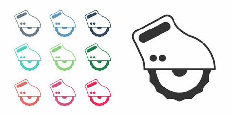 Black Electric circular saw with steel toothed disc icon isolated on white background. Electric hand tool for cutting wood or metal. Set icons colorful. Vector