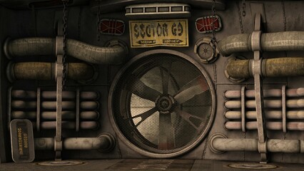 3D-illustration of a ventilation room in a science fiction starship