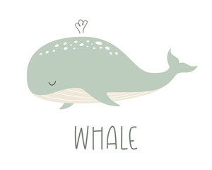 The cute mint whale lives a wild underwater life. Vector illustration of a fish animal.