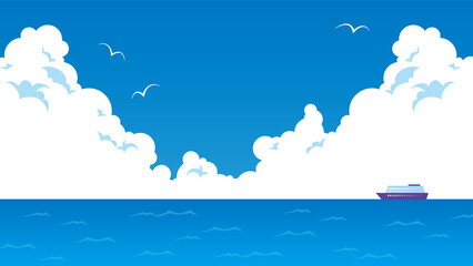 入道雲が広がる青空にカモメが飛び、青い海の沖に船が浮かぶ風景(16:9)