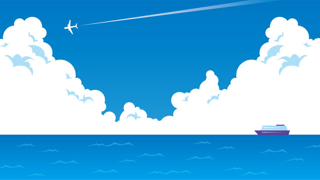 入道雲が広がる青空と海、沖に船が浮かび飛行機が飛ぶ風景(16:9)