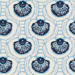 Indigo Blue Seashell nautical seamless pattern. Modern marine shell print in classic nantucket fabric textile hand drawn block print style. Summer 2 tone high contrast jpg tile swatch