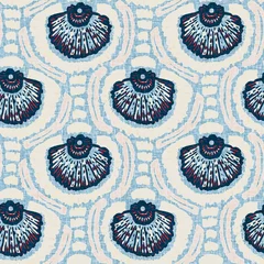 Indigo Blue Seashell nautical seamless pattern. Modern marine shell print in classic nantucket fabric textile hand drawn block print style. Summer 2 tone high contrast jpg tile swatch