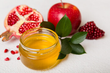 Flat lay composition with symbols jewish Rosh Hashanah holiday attributes on colored background, Rosh hashanah concept. New Year holiday Traditional. Top view with copy space