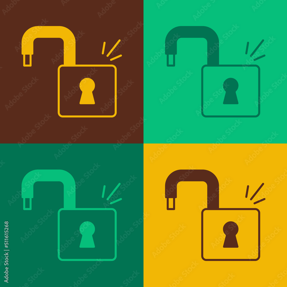 Poster pop art open padlock icon isolated on color background. opened lock sign. cyber security concept. di