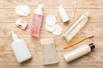 Mockup for bathing products top view flat lay, spa razor, toothpaste, soap, gel and other various accessories. Cosmetics for skin health. Bath Mockup for your logo