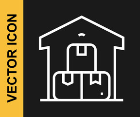 White line Full warehouse icon isolated on black background. Vector