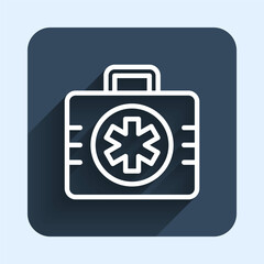 Fototapeta premium White line First aid kit icon isolated with long shadow background. Medical box with cross. Medical equipment for emergency. Healthcare concept. Blue square button. Vector
