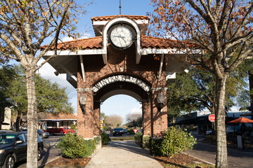 Winter Garden, FL, USA - February 4, 2022: The clock tower and pavilion in Winter Garden. Winter Garden, FL, USA. Winter Garden is a city 14 miles west of Downtown Orlando. 