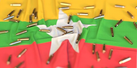 Fototapeta na wymiar Scattered bullet shells on the flag of Myanmar. Crime or violence related 3D rendering