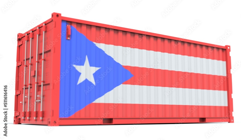 Poster cargo container with flag of puerto rico on the side, 3d rendering