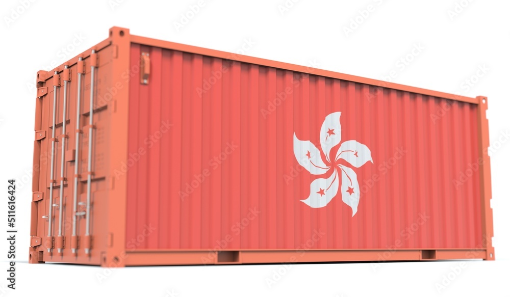 Poster shipping container with flag of hong kong on the side, 3d rendering