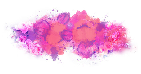 Composition with ink stains, pink flowers on white background