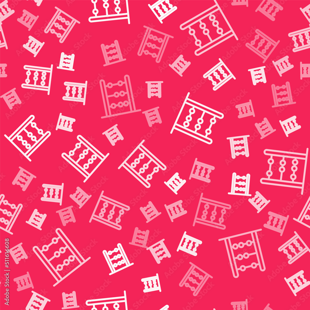 Poster white line abacus icon isolated seamless pattern on red background. traditional counting frame. educ