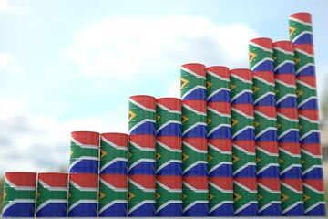 Steel oil drums with flag of South Africa form increasing chart or upwards trend. Petrochemical industry growth concept, 3D rendering