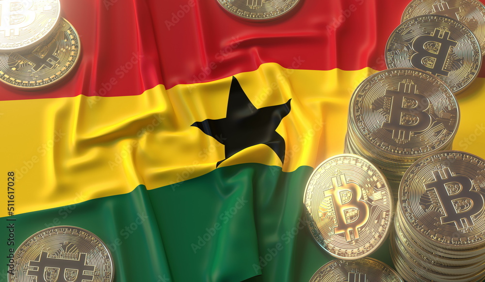 Poster flag of ghana and bitcoin coins or tokens, cryptocurrency related 3d rendering
