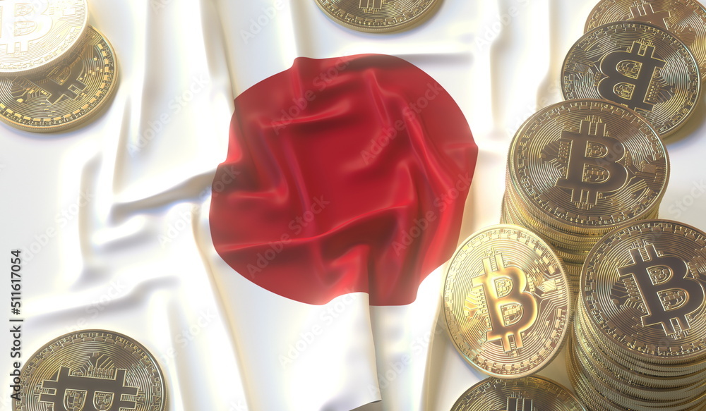 Aufkleber bitcoin tokens and flag of japan. cryptocurrency related 3d rendering