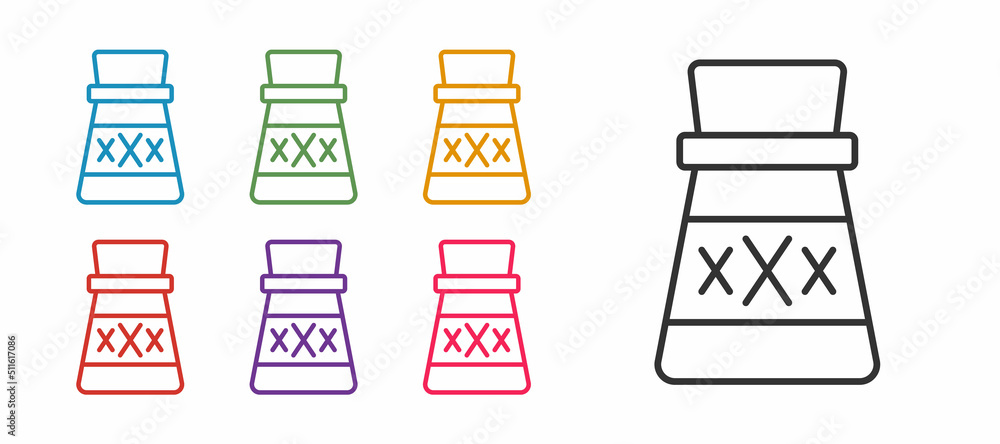 Poster set line bottle with potion icon isolated on white background. flask with magic potion. happy hallow