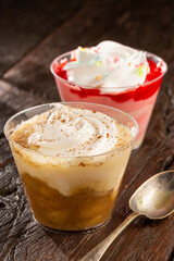 Desserts in the pot in banana and strawberry flavors.