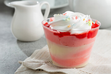 Strawberry dessert in the pot.