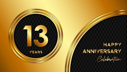 13 Years Anniversary logo with gold color for booklets, leaflets, magazines, brochure posters, banners, web, invitations or greeting cards. Vector illustration.