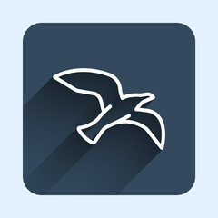 White line Bird seagull icon isolated with long shadow background. Blue square button. Vector