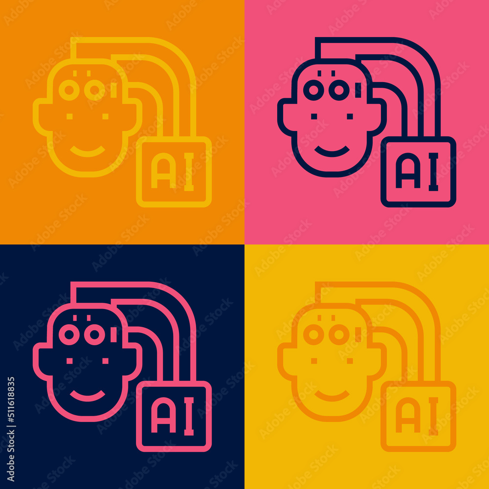 Poster pop art line humanoid robot icon isolated on color background. artificial intelligence, machine lear
